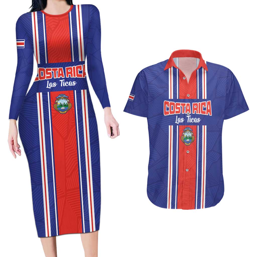 Custom Costa Rica Football Couples Matching Long Sleeve Bodycon Dress and Hawaiian Shirt Vamos Ticos!