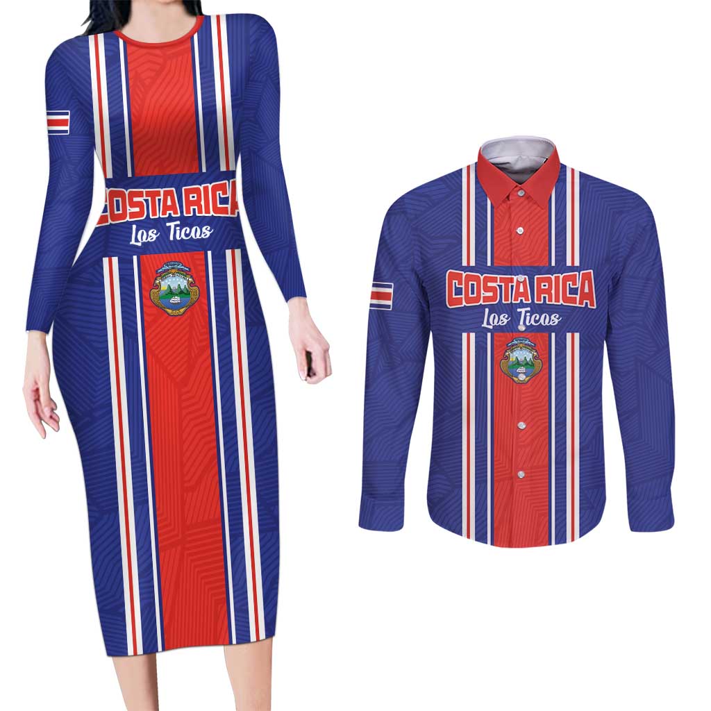 Custom Costa Rica Football Couples Matching Long Sleeve Bodycon Dress and Long Sleeve Button Shirt Vamos Ticos!