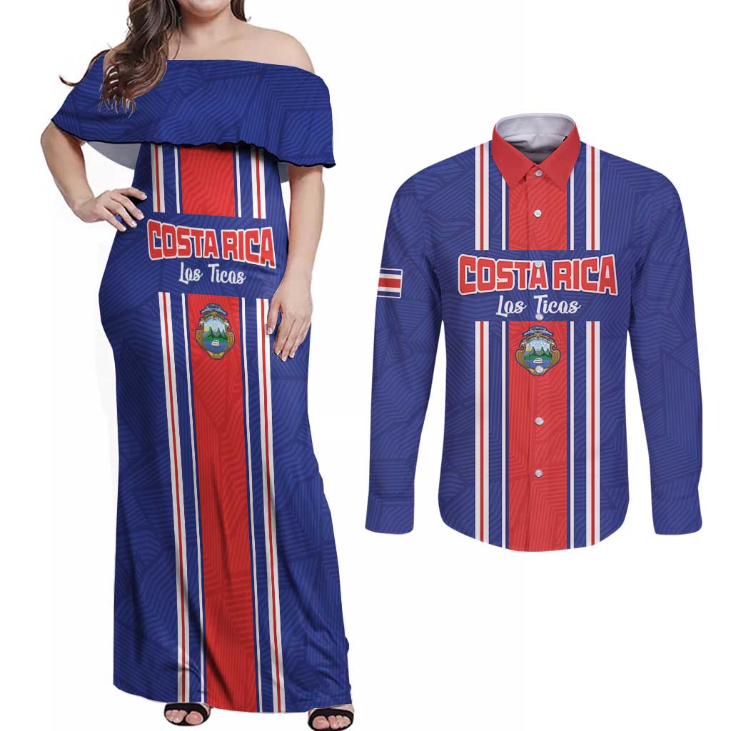 Custom Costa Rica Football Couples Matching Off Shoulder Maxi Dress and Long Sleeve Button Shirt Vamos Ticos!