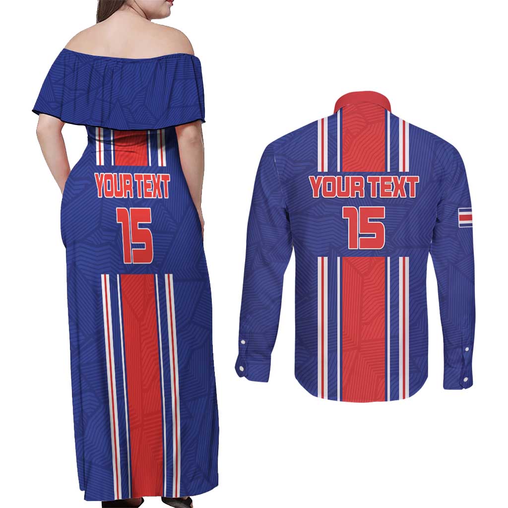 Custom Costa Rica Football Couples Matching Off Shoulder Maxi Dress and Long Sleeve Button Shirt Vamos Ticos!