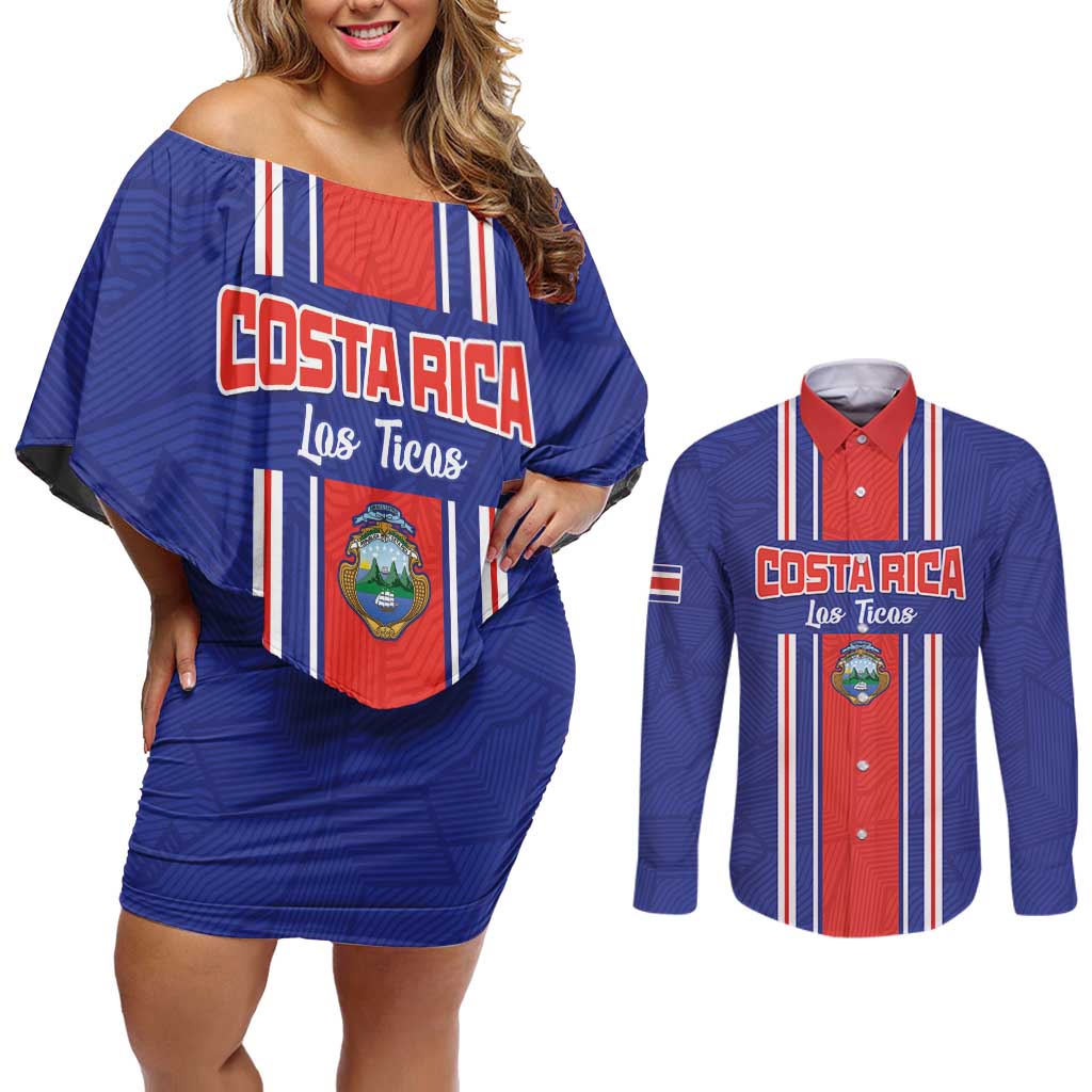 Custom Costa Rica Football Couples Matching Off Shoulder Short Dress and Long Sleeve Button Shirt Vamos Ticos!