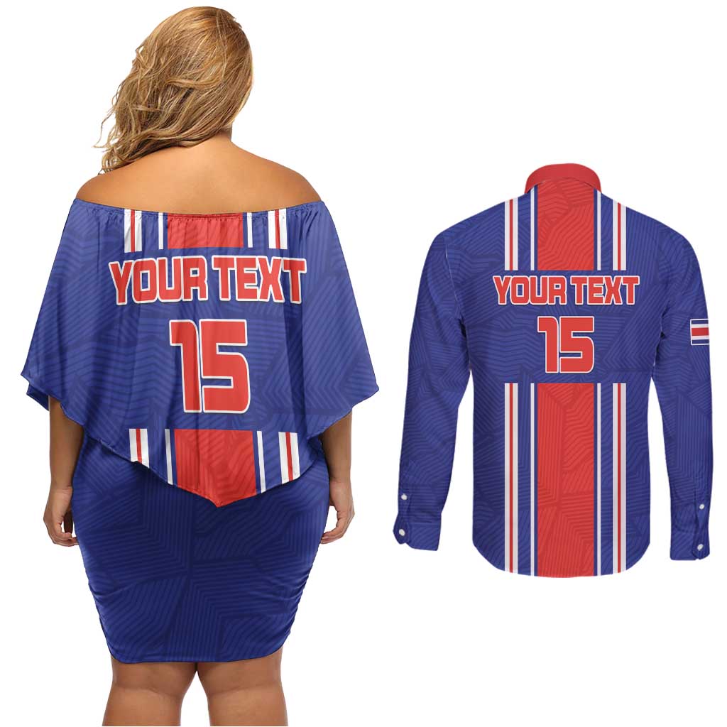 Custom Costa Rica Football Couples Matching Off Shoulder Short Dress and Long Sleeve Button Shirt Vamos Ticos!