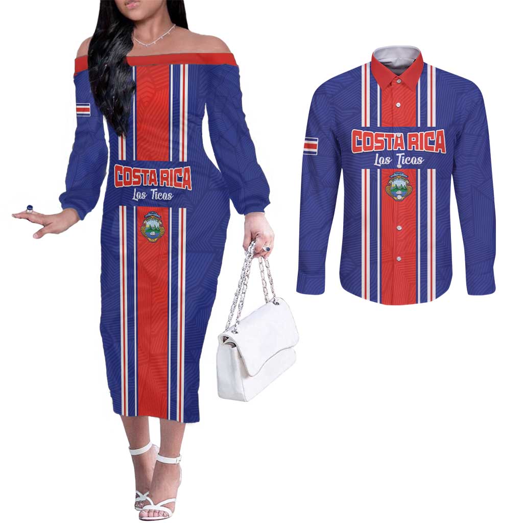 Custom Costa Rica Football Couples Matching Off The Shoulder Long Sleeve Dress and Long Sleeve Button Shirt Vamos Ticos!