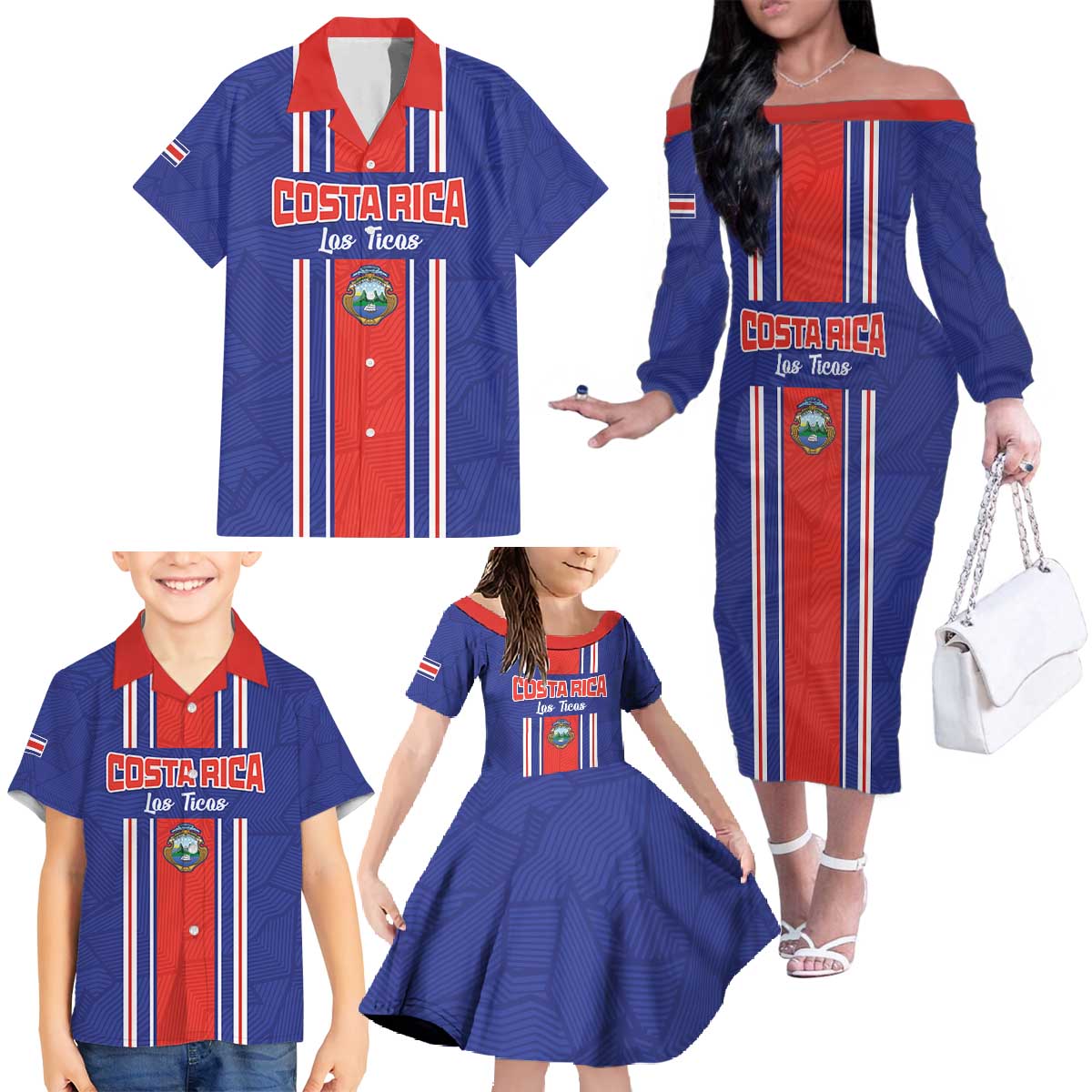 Custom Costa Rica Football Family Matching Off The Shoulder Long Sleeve Dress and Hawaiian Shirt Vamos Ticos!