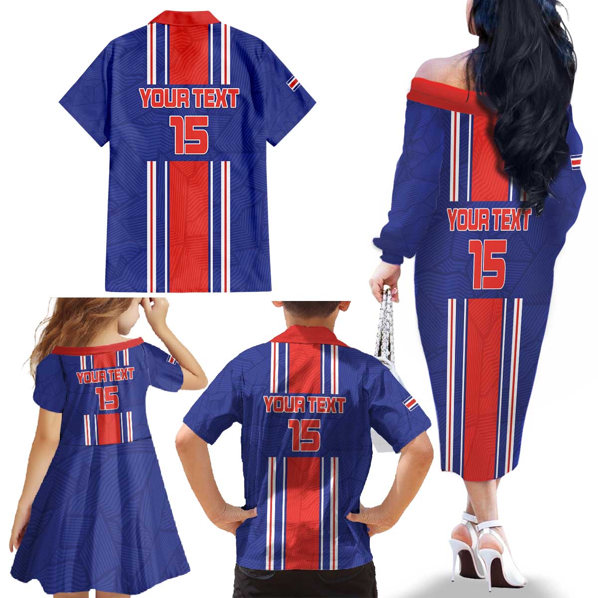 Custom Costa Rica Football Family Matching Off The Shoulder Long Sleeve Dress and Hawaiian Shirt Vamos Ticos!