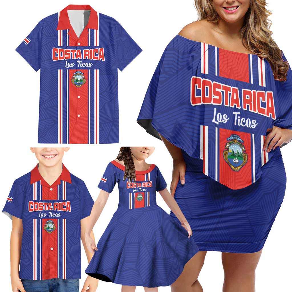 Custom Costa Rica Football Family Matching Off Shoulder Short Dress and Hawaiian Shirt Vamos Ticos!