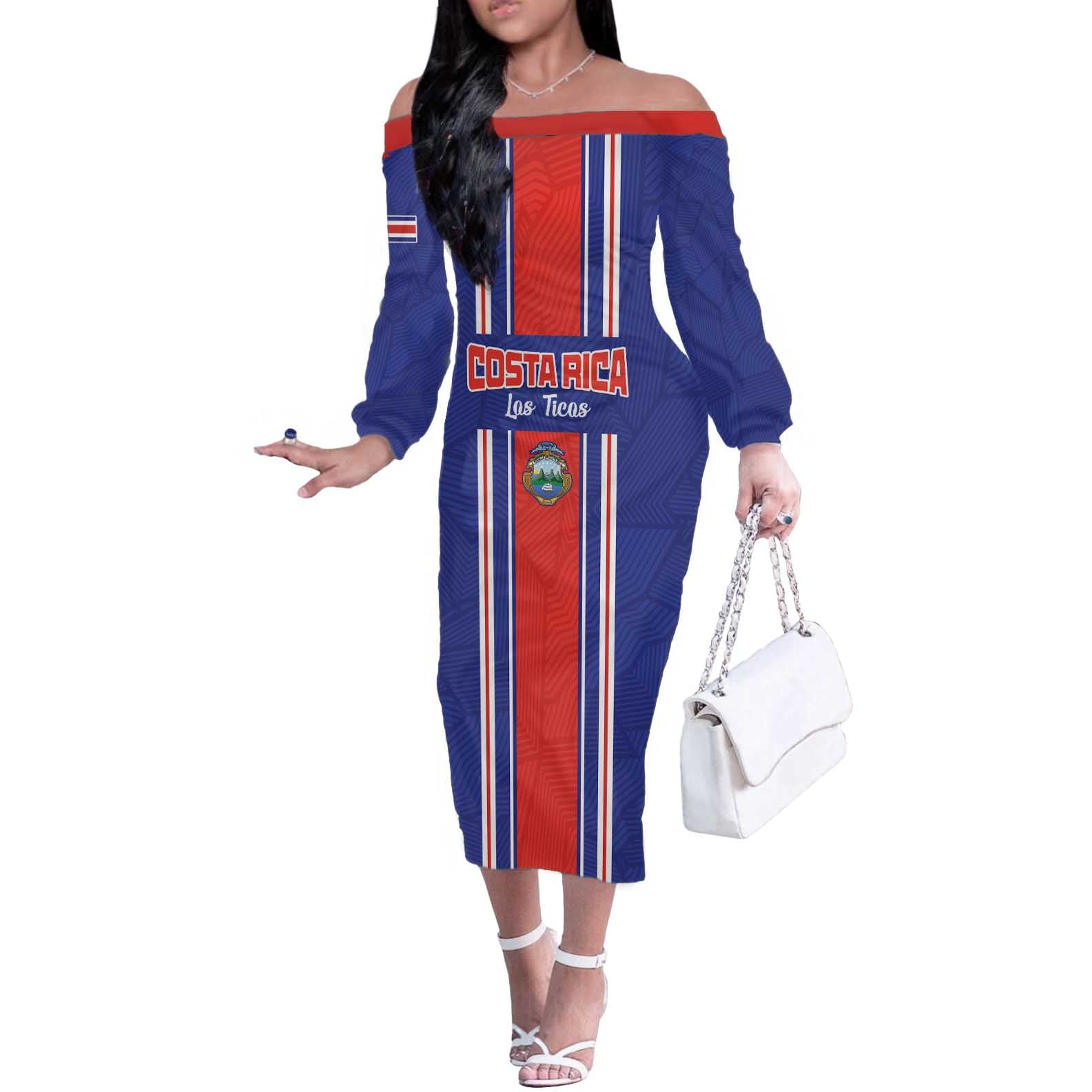 Custom Costa Rica Football Off The Shoulder Long Sleeve Dress Vamos Ticos!