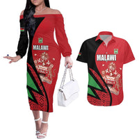 Custom Malawi Cricket Couples Matching Off The Shoulder Long Sleeve Dress and Hawaiian Shirt Go Champions - Wonder Print Shop