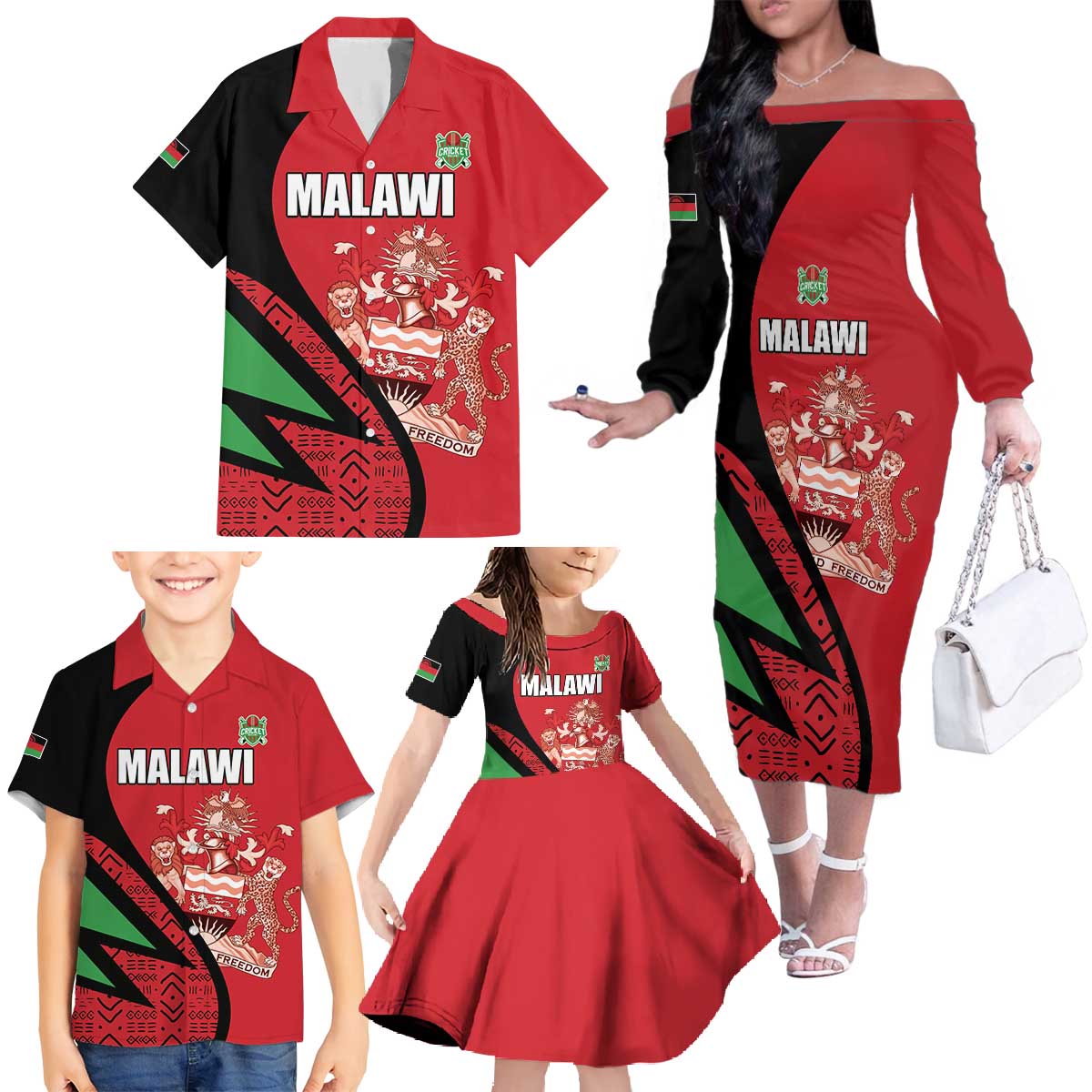 Custom Malawi Cricket Family Matching Off The Shoulder Long Sleeve Dress and Hawaiian Shirt Go Champions - Wonder Print Shop