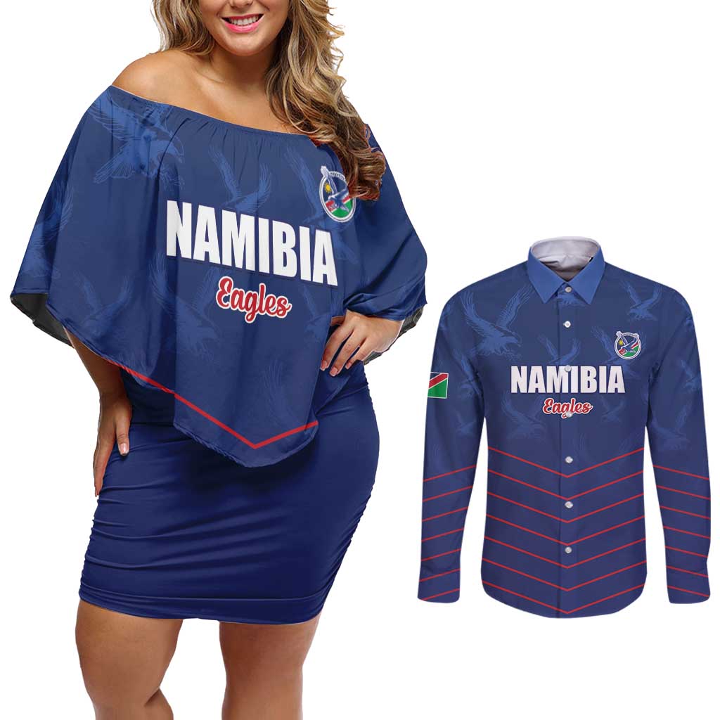 Custom Namibia Cricket Couples Matching Off Shoulder Short Dress and Long Sleeve Button Shirt Go Eagles Go - Wonder Print Shop