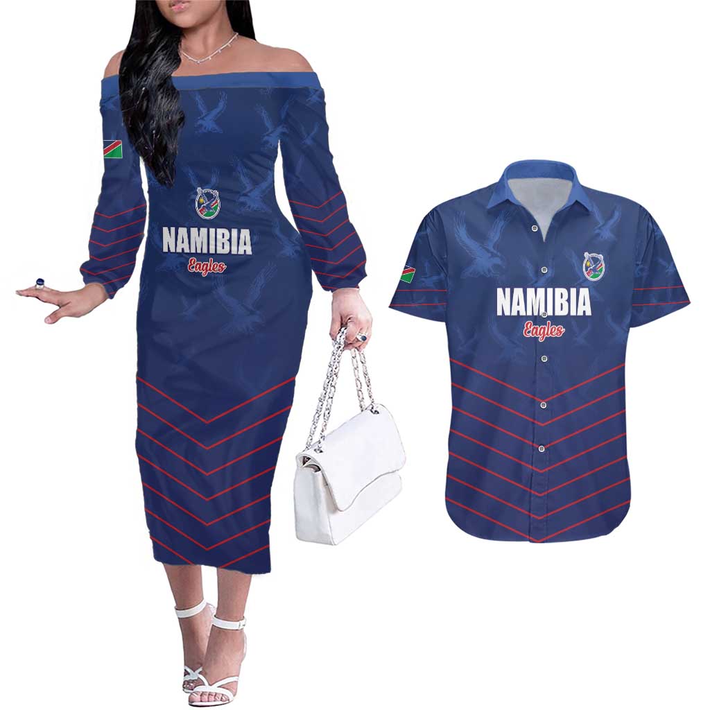 Custom Namibia Cricket Couples Matching Off The Shoulder Long Sleeve Dress and Hawaiian Shirt Go Eagles Go - Wonder Print Shop