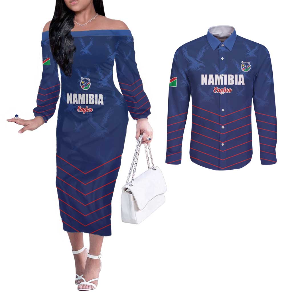 Custom Namibia Cricket Couples Matching Off The Shoulder Long Sleeve Dress and Long Sleeve Button Shirt Go Eagles Go - Wonder Print Shop