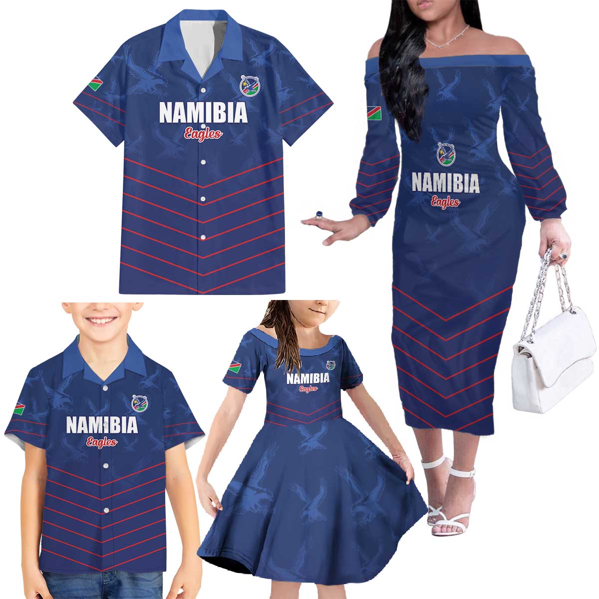 Custom Namibia Cricket Family Matching Off The Shoulder Long Sleeve Dress and Hawaiian Shirt Go Eagles Go - Wonder Print Shop