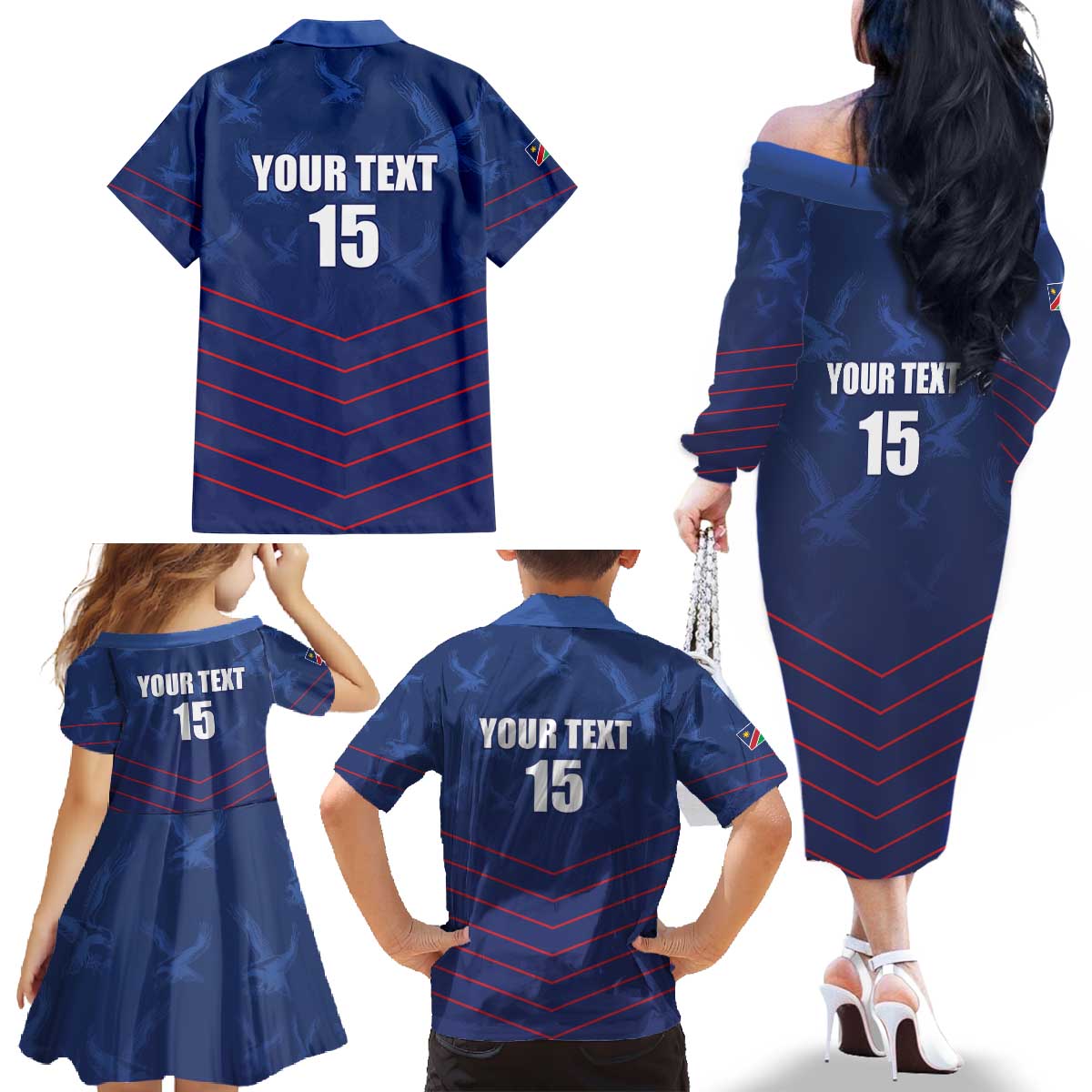 Custom Namibia Cricket Family Matching Off The Shoulder Long Sleeve Dress and Hawaiian Shirt Go Eagles Go - Wonder Print Shop