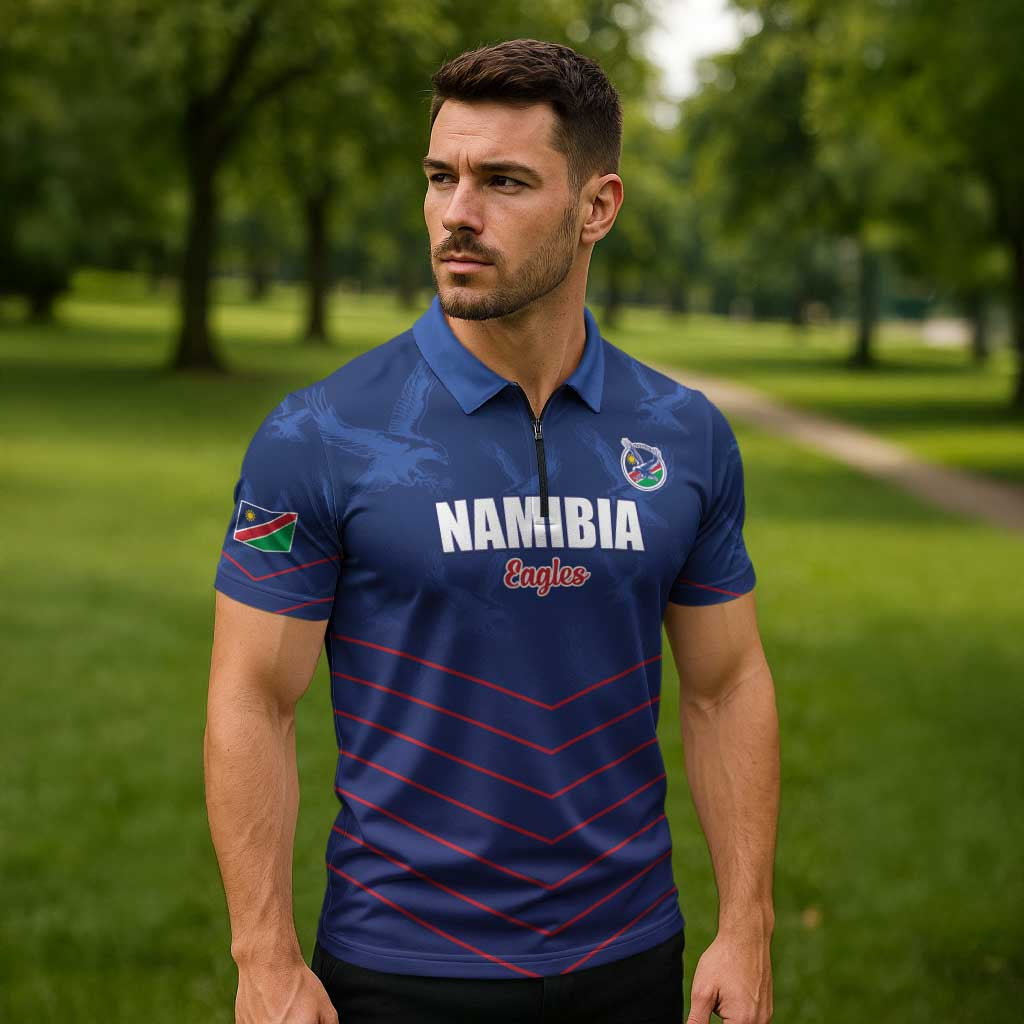 Custom Namibia Cricket Zipper Polo Shirt Go Eagles Go - Wonder Print Shop