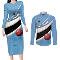 Custom Botswana Cricket Couples Matching Long Sleeve Bodycon Dress and Long Sleeve Button Shirt Go Baggy Blues - Wonder Print Shop