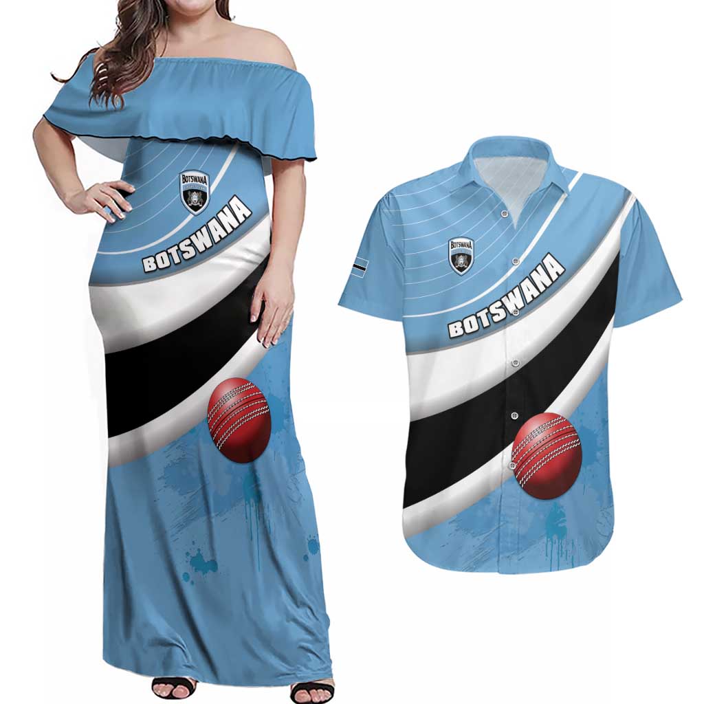 Custom Botswana Cricket Couples Matching Off Shoulder Maxi Dress and Hawaiian Shirt Go Baggy Blues - Wonder Print Shop