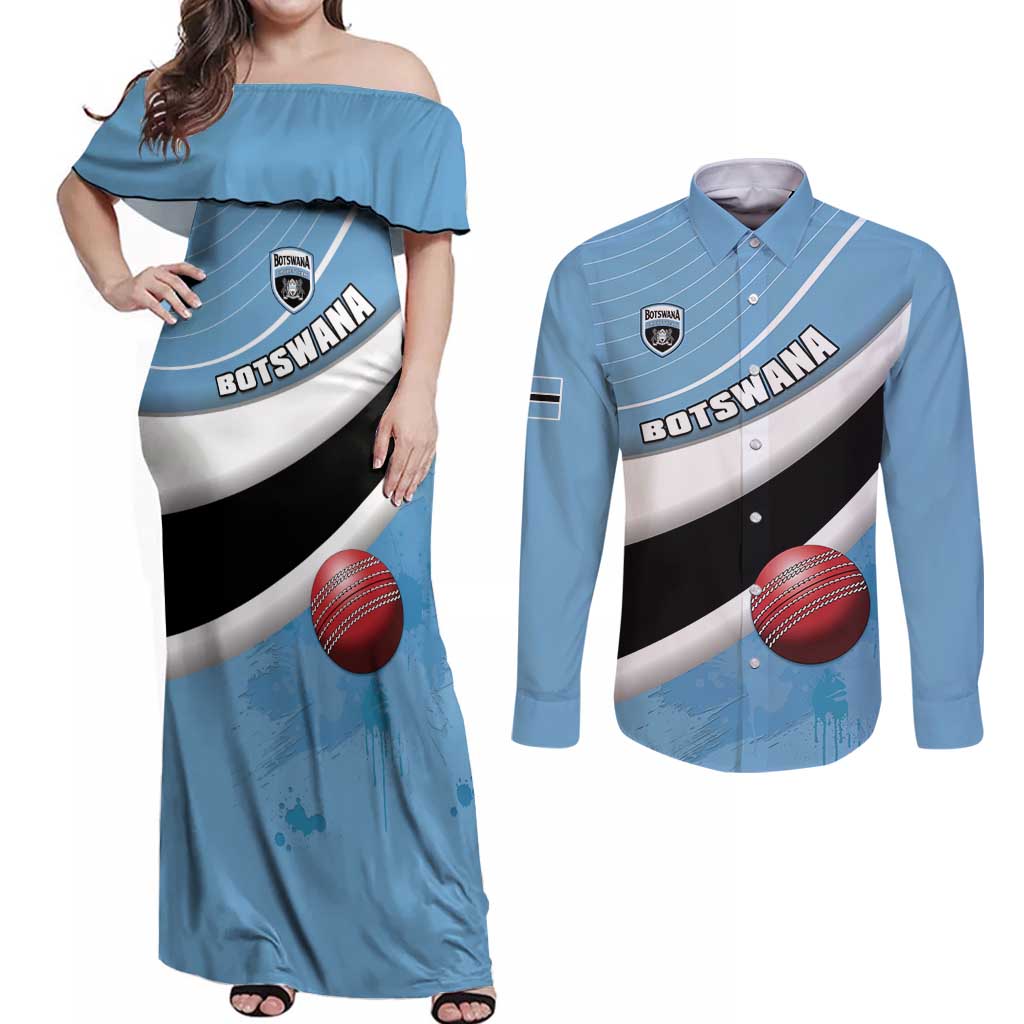 Custom Botswana Cricket Couples Matching Off Shoulder Maxi Dress and Long Sleeve Button Shirt Go Baggy Blues - Wonder Print Shop