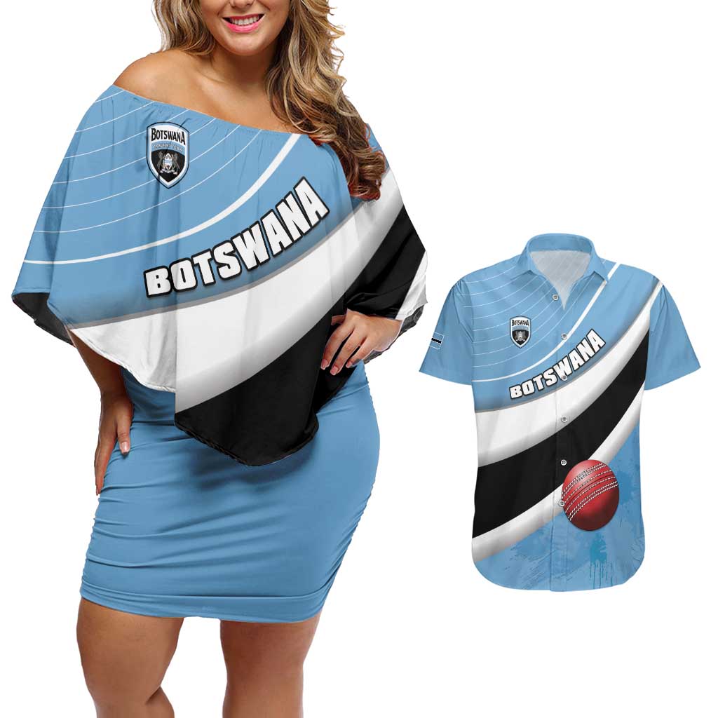 Custom Botswana Cricket Couples Matching Off Shoulder Short Dress and Hawaiian Shirt Go Baggy Blues - Wonder Print Shop
