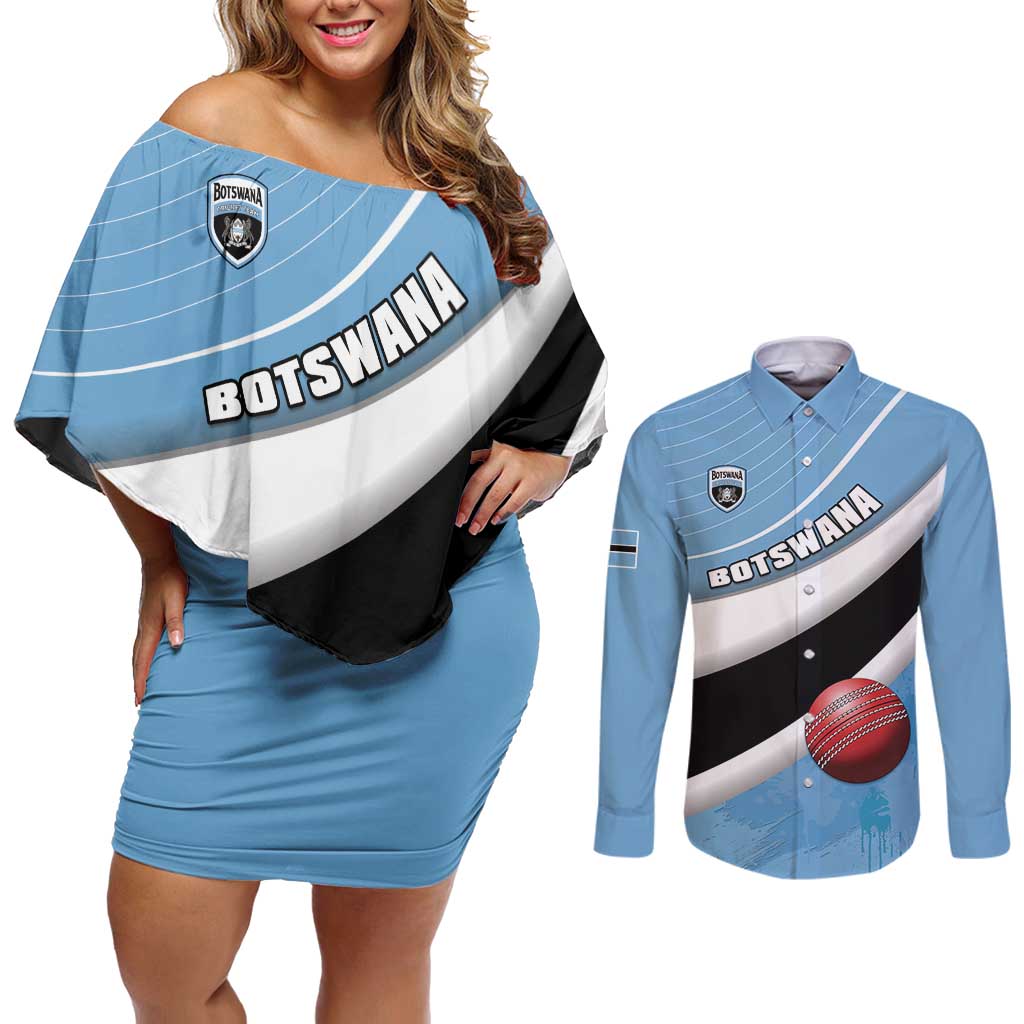 Custom Botswana Cricket Couples Matching Off Shoulder Short Dress and Long Sleeve Button Shirt Go Baggy Blues - Wonder Print Shop