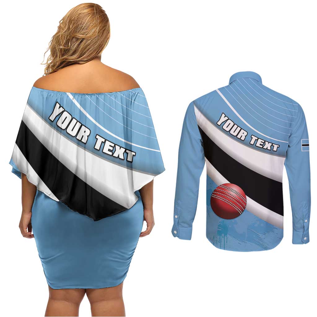 Custom Botswana Cricket Couples Matching Off Shoulder Short Dress and Long Sleeve Button Shirt Go Baggy Blues - Wonder Print Shop
