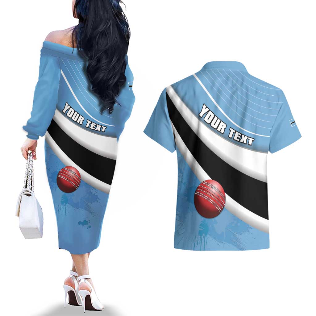 Custom Botswana Cricket Couples Matching Off The Shoulder Long Sleeve Dress and Hawaiian Shirt Go Baggy Blues - Wonder Print Shop