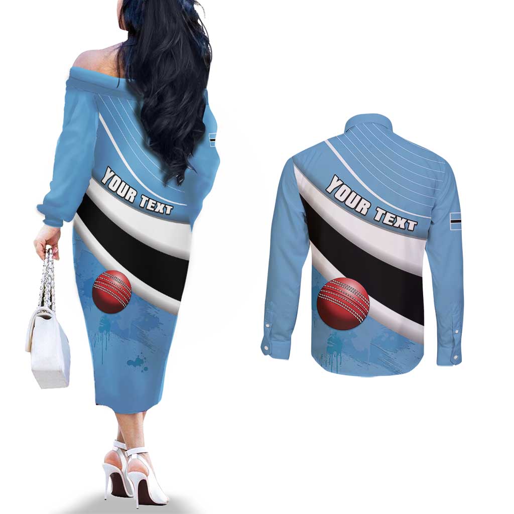 Custom Botswana Cricket Couples Matching Off The Shoulder Long Sleeve Dress and Long Sleeve Button Shirt Go Baggy Blues - Wonder Print Shop