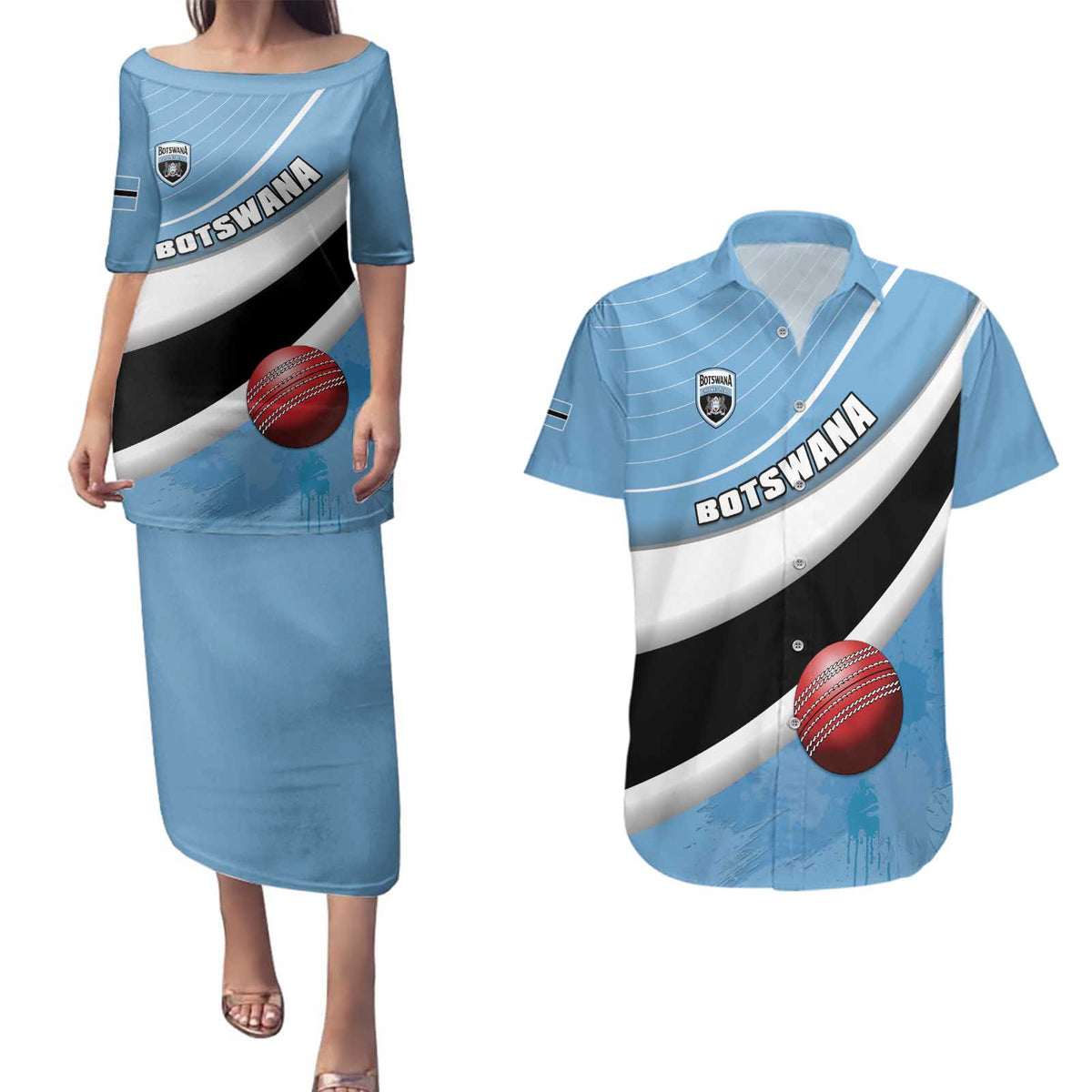 Custom Botswana Cricket Couples Matching Puletasi and Hawaiian Shirt Go Baggy Blues - Wonder Print Shop