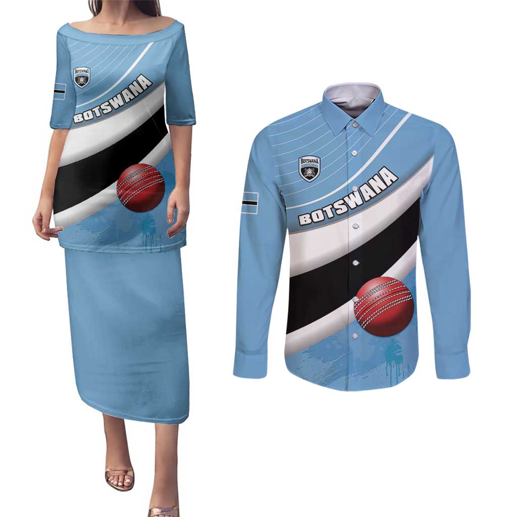 Custom Botswana Cricket Couples Matching Puletasi and Long Sleeve Button Shirt Go Baggy Blues - Wonder Print Shop