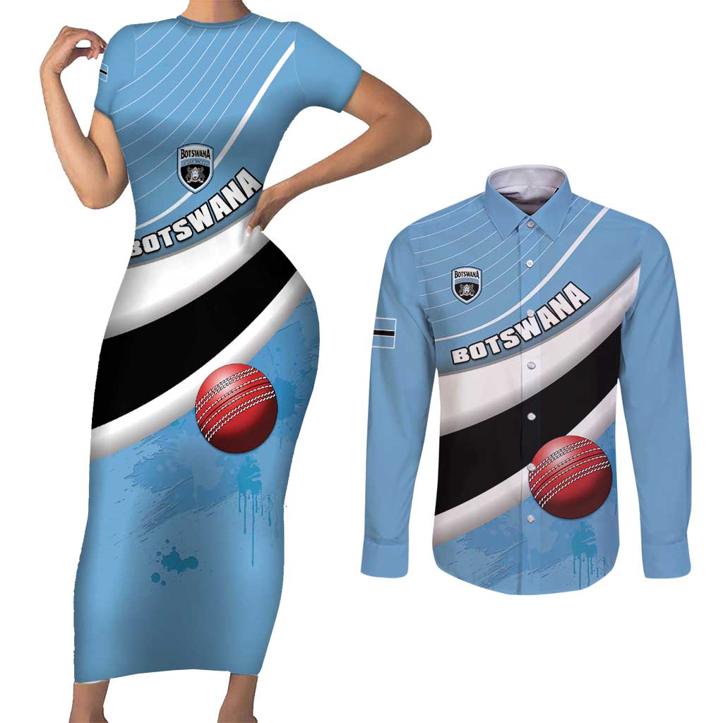Custom Botswana Cricket Couples Matching Short Sleeve Bodycon Dress and Long Sleeve Button Shirt Go Baggy Blues - Wonder Print Shop