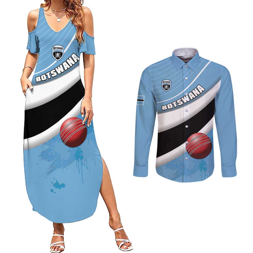 Custom Botswana Cricket Couples Matching Summer Maxi Dress and Long Sleeve Button Shirt Go Baggy Blues - Wonder Print Shop