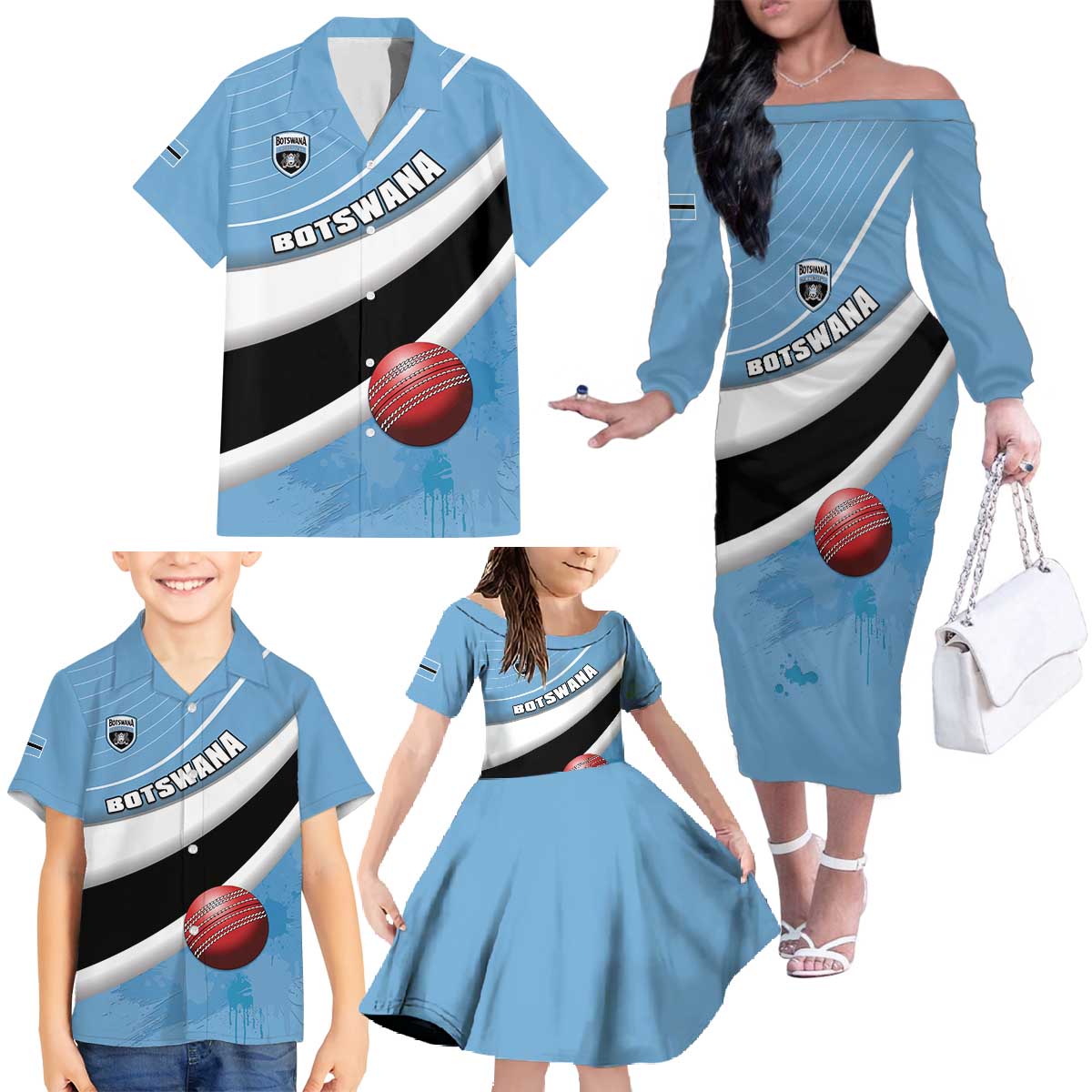 Custom Botswana Cricket Family Matching Off The Shoulder Long Sleeve Dress and Hawaiian Shirt Go Baggy Blues - Wonder Print Shop