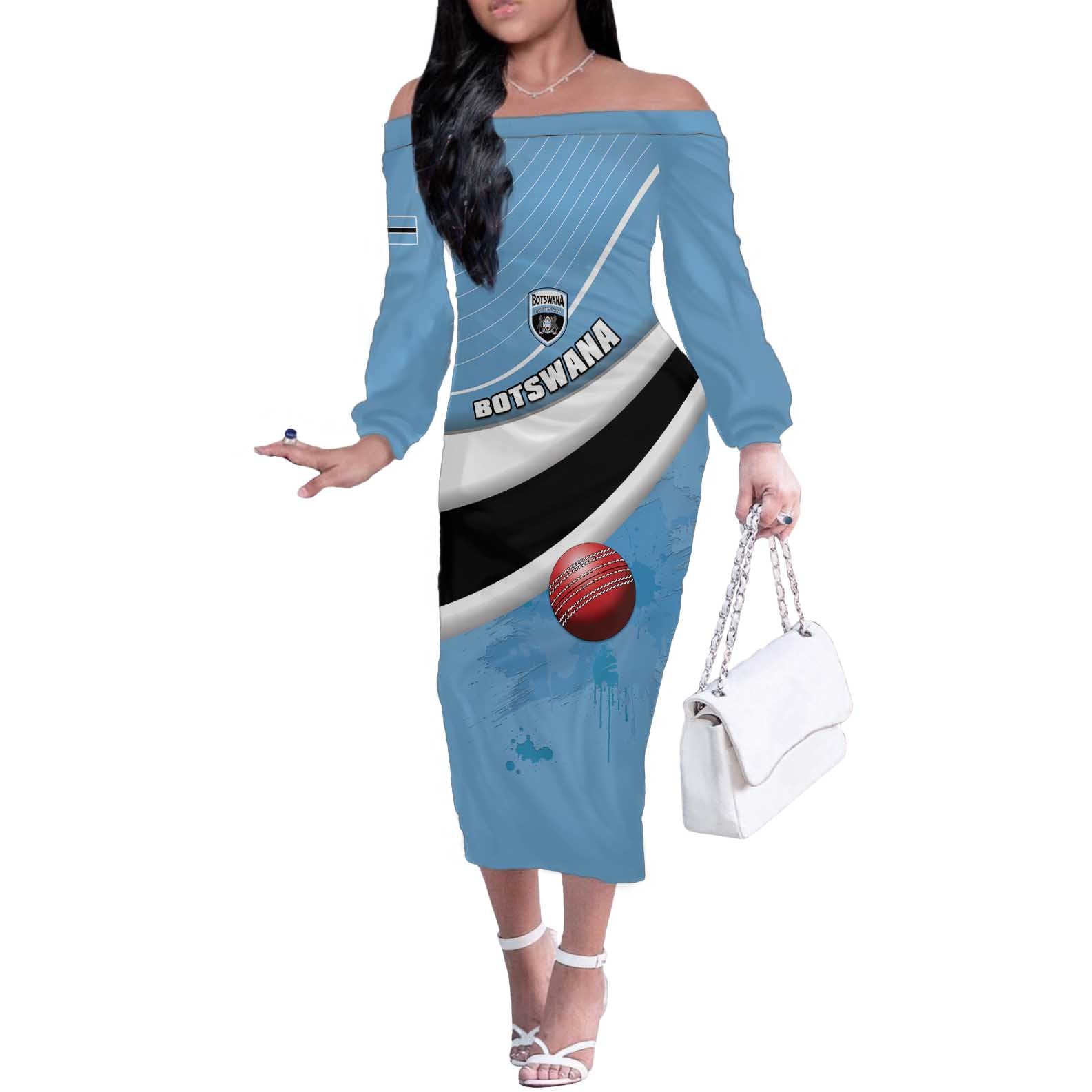 Custom Botswana Cricket Off The Shoulder Long Sleeve Dress Go Baggy Blues - Wonder Print Shop