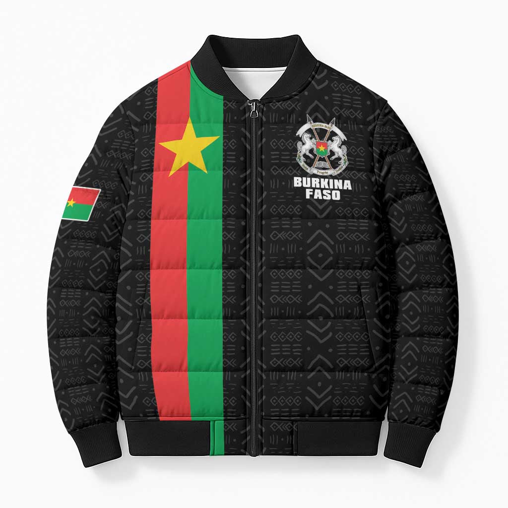 Personalized Burkina Faso Striped Bomber Puffer Jacket African Mud Cloth Pattern - Black - Wonder Print Shop