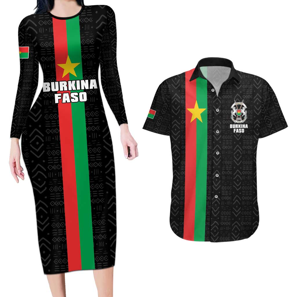 Personalized Burkina Faso Striped Couples Matching Long Sleeve Bodycon Dress and Hawaiian Shirt African Mud Cloth Pattern - Black - Wonder Print Shop