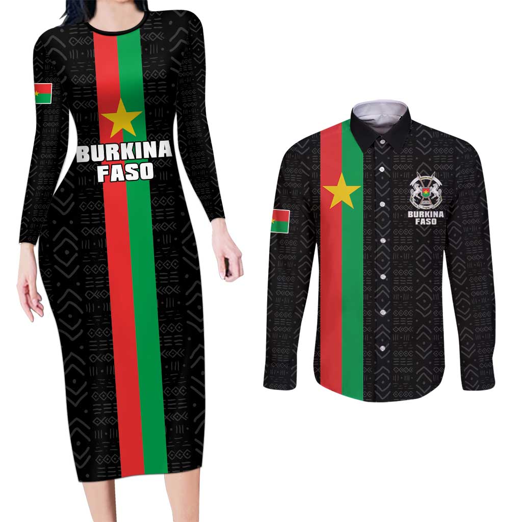 Personalized Burkina Faso Striped Couples Matching Long Sleeve Bodycon Dress and Long Sleeve Button Shirt African Mud Cloth Pattern - Black - Wonder Print Shop
