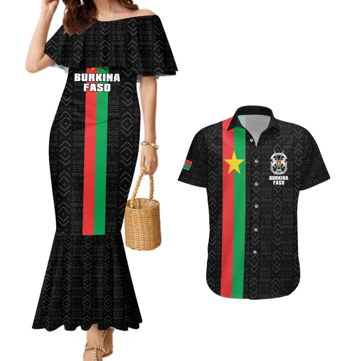 Personalized Burkina Faso Striped Couples Matching Mermaid Dress and Hawaiian Shirt African Mud Cloth Pattern - Black - Wonder Print Shop