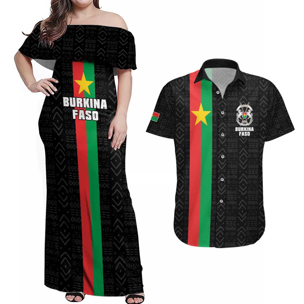 Personalized Burkina Faso Striped Couples Matching Off Shoulder Maxi Dress and Hawaiian Shirt African Mud Cloth Pattern - Black - Wonder Print Shop
