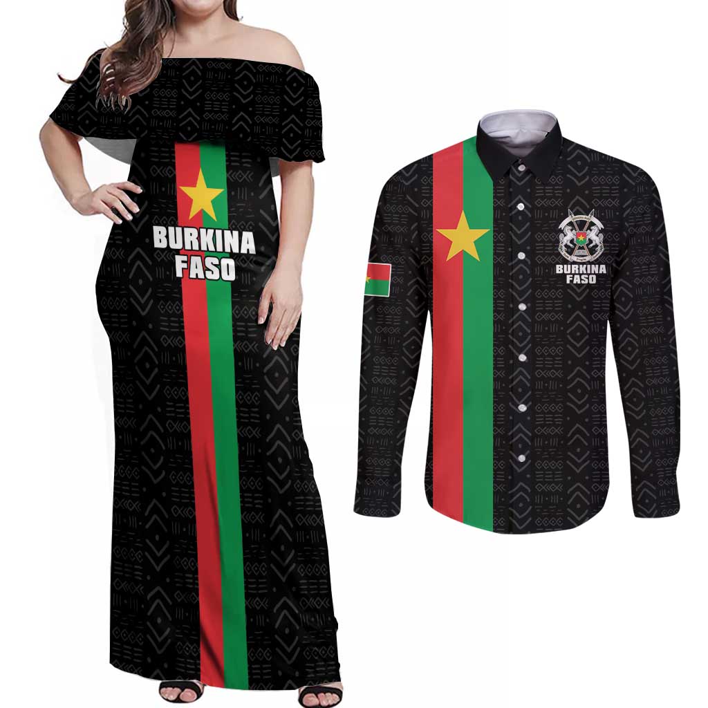 Personalized Burkina Faso Striped Couples Matching Off Shoulder Maxi Dress and Long Sleeve Button Shirt African Mud Cloth Pattern - Black - Wonder Print Shop