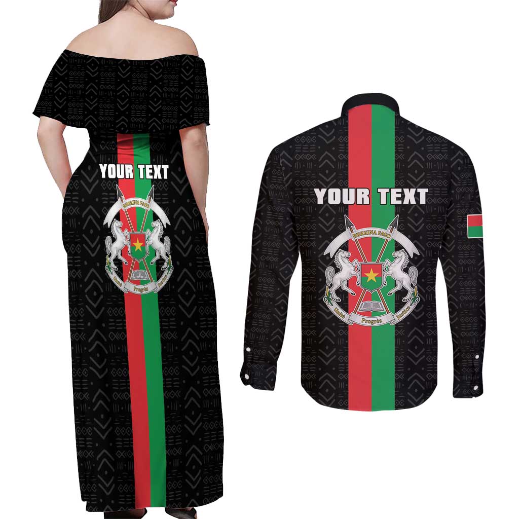 Personalized Burkina Faso Striped Couples Matching Off Shoulder Maxi Dress and Long Sleeve Button Shirt African Mud Cloth Pattern - Black - Wonder Print Shop