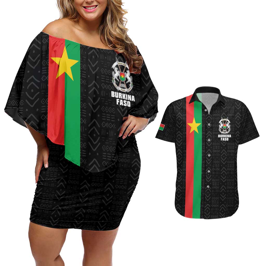 Personalized Burkina Faso Striped Couples Matching Off Shoulder Short Dress and Hawaiian Shirt African Mud Cloth Pattern - Black - Wonder Print Shop