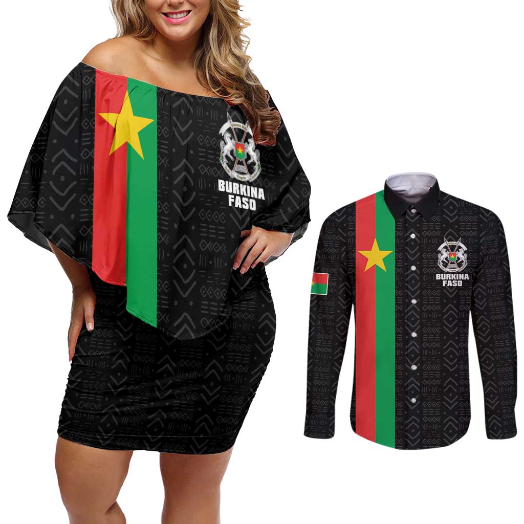 Personalized Burkina Faso Striped Couples Matching Off Shoulder Short Dress and Long Sleeve Button Shirt African Mud Cloth Pattern - Black - Wonder Print Shop