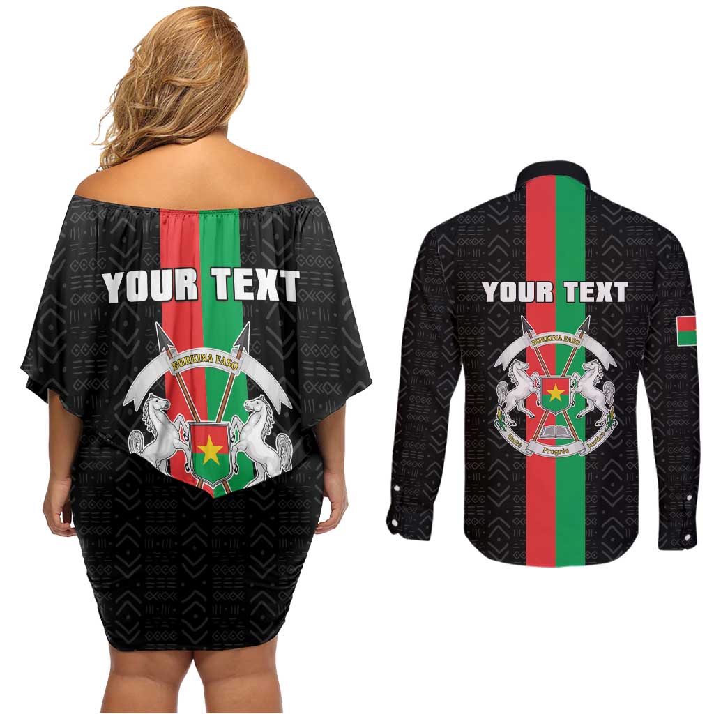Personalized Burkina Faso Striped Couples Matching Off Shoulder Short Dress and Long Sleeve Button Shirt African Mud Cloth Pattern - Black - Wonder Print Shop