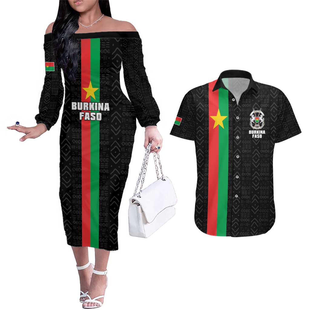 Personalized Burkina Faso Striped Couples Matching Off The Shoulder Long Sleeve Dress and Hawaiian Shirt African Mud Cloth Pattern - Black - Wonder Print Shop