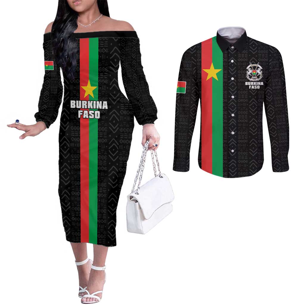 Personalized Burkina Faso Striped Couples Matching Off The Shoulder Long Sleeve Dress and Long Sleeve Button Shirt African Mud Cloth Pattern - Black - Wonder Print Shop