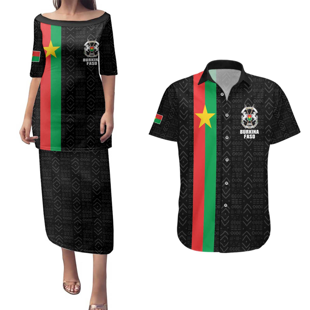 Personalized Burkina Faso Striped Couples Matching Puletasi and Hawaiian Shirt African Mud Cloth Pattern - Black - Wonder Print Shop