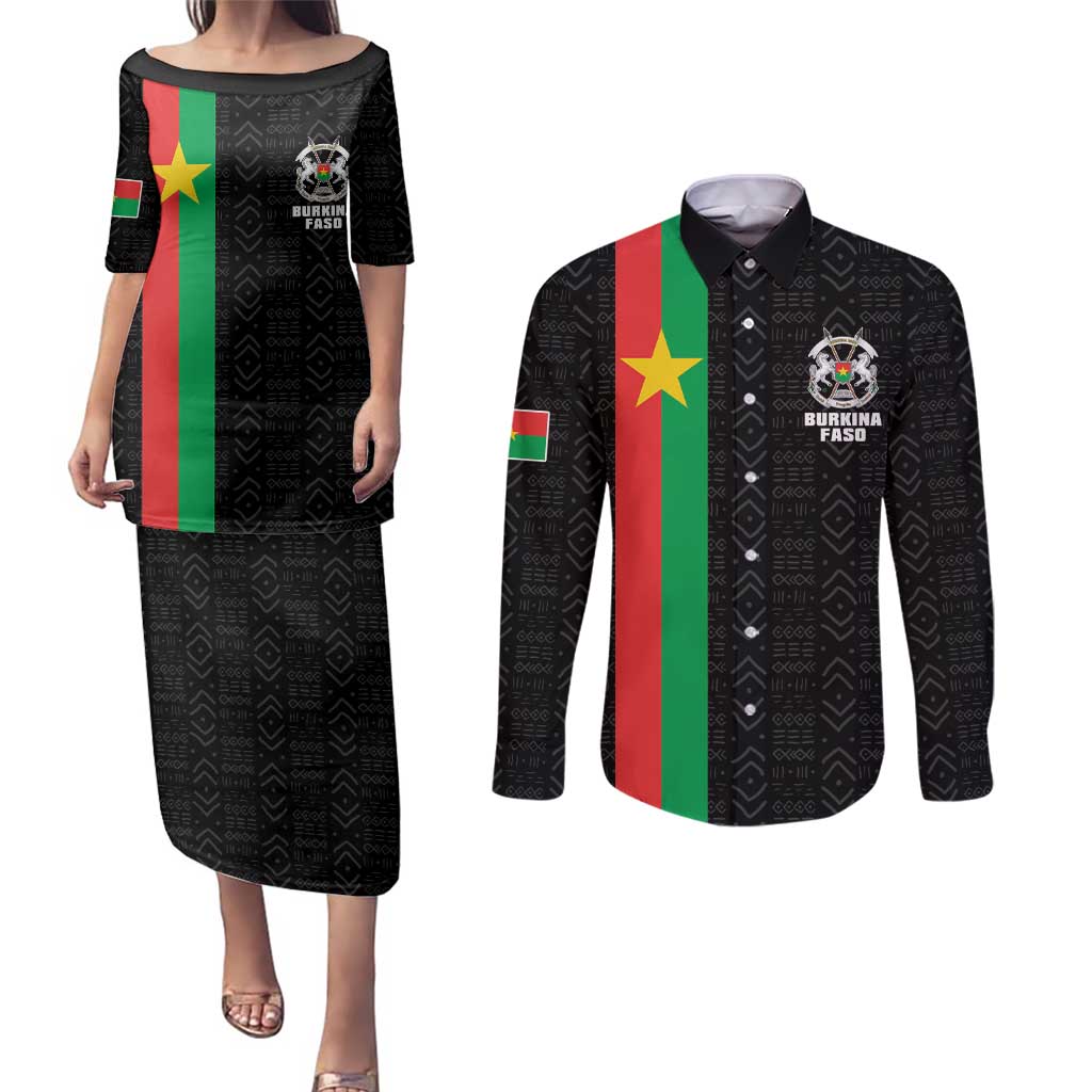 Personalized Burkina Faso Striped Couples Matching Puletasi and Long Sleeve Button Shirt African Mud Cloth Pattern - Black - Wonder Print Shop