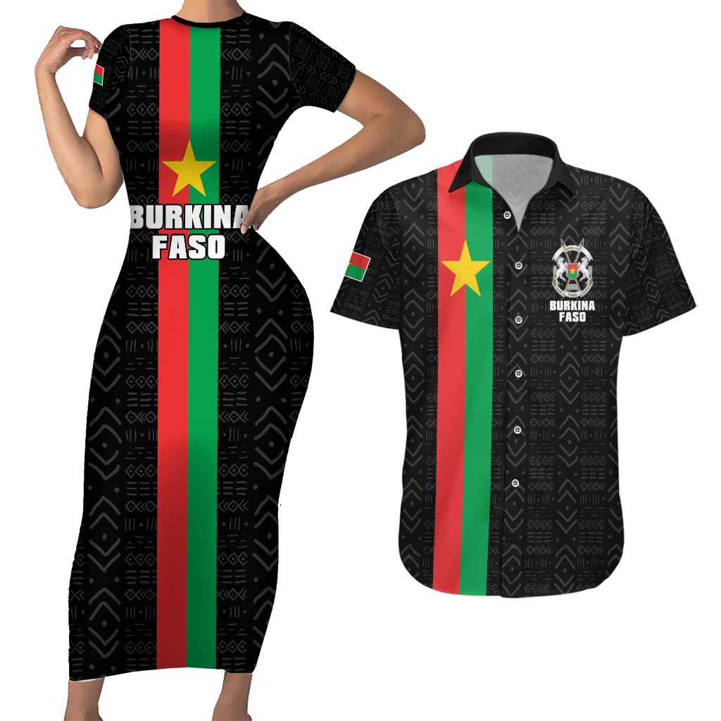 Personalized Burkina Faso Striped Couples Matching Short Sleeve Bodycon Dress and Hawaiian Shirt African Mud Cloth Pattern - Black - Wonder Print Shop