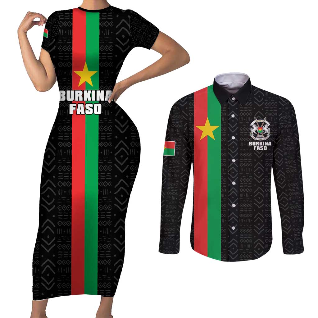 Personalized Burkina Faso Striped Couples Matching Short Sleeve Bodycon Dress and Long Sleeve Button Shirt African Mud Cloth Pattern - Black - Wonder Print Shop
