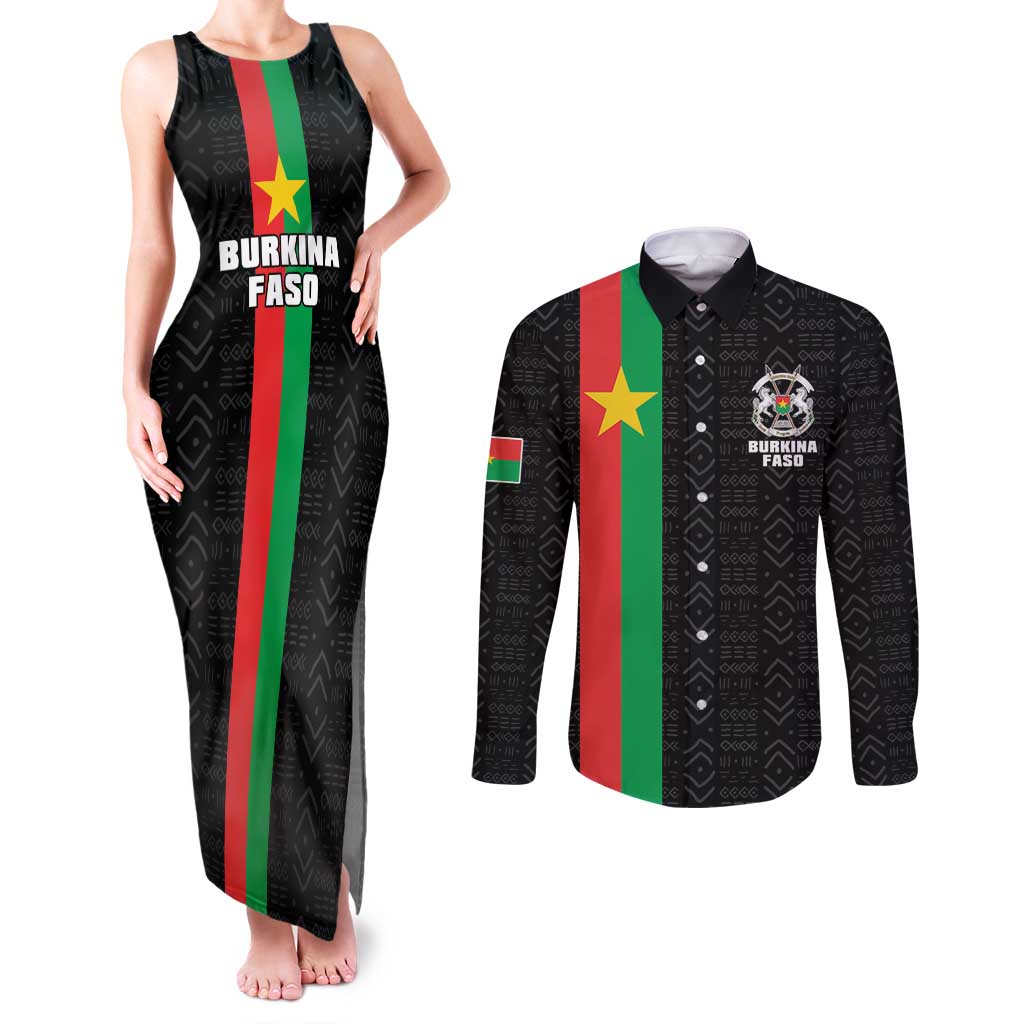 Personalized Burkina Faso Striped Couples Matching Tank Maxi Dress and Long Sleeve Button Shirt African Mud Cloth Pattern - Black - Wonder Print Shop